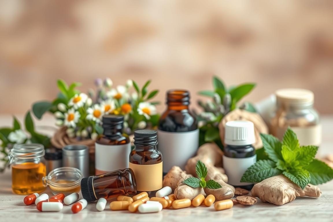 A neatly arranged still life featuring various medications and herbal remedies for stress-induced stomach discomfort. The foreground showcases a collection of pill bottles, capsules, and tinctures in soothing earth-toned hues. The middle ground highlights an assortment of aromatic herbs, such as chamomile, ginger, and peppermint, arranged in a visually appealing manner. The background depicts a calming, natural environment, perhaps with a soft, warm lighting that creates a sense of tranquility. The overall composition conveys a balanced and holistic approach to managing stomach issues caused by stress.