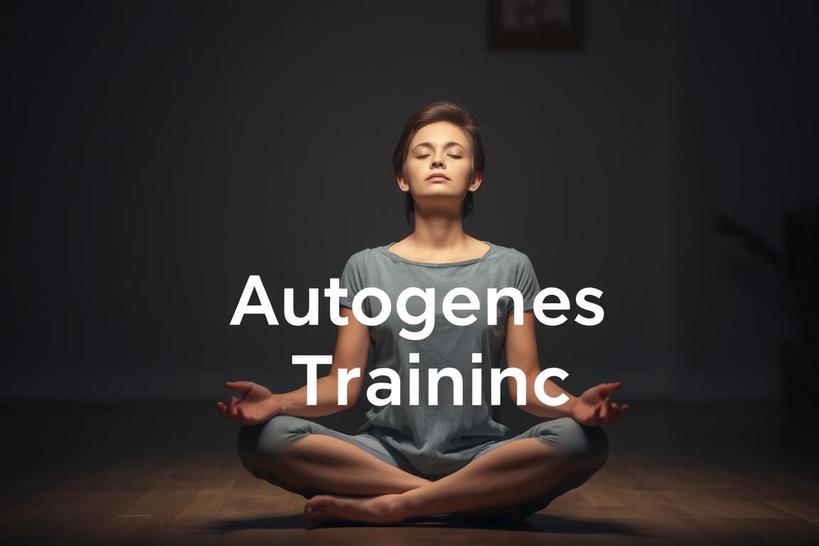 A peaceful, dimly lit room with a person sitting cross-legged on the floor, eyes closed, in deep concentration. Soft, warm lighting illuminates their face, creating a serene atmosphere. The background is blurred, with subtle hints of natural elements like plants or a simple wall texture, emphasizing the focus on the individual's mental state. The pose and expression convey a sense of tranquility, inner calm, and mental focus, reflecting the practice of Autogenes Training, a technique for self-relaxation and stress management. A peaceful, dimly lit room with a person sitting cross-legged on the floor, eyes closed, in deep concentration. Soft, warm lighting illuminates their face, creating a serene atmosphere. The background is blurred, with subtle hints of natural elements like plants or a simple wall texture, emphasizing the focus on the individual's mental state. The pose and expression convey a sense of tranquility, inner calm, and mental focus, reflecting the practice of Autogenes Training, a technique for self-relaxation and stress management.