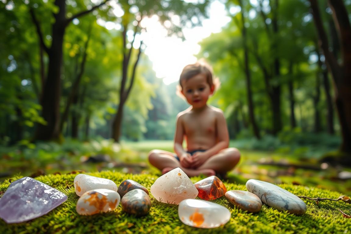 A peaceful forest glade, sunlight filtering through the canopy of lush green foliage. In the foreground, an assortment of healing stones - amethyst, rose quartz, and jasper - rest on a bed of moss, their crystalline surfaces glimmering softly. The middle ground features a young child, sitting cross-legged, their hands gently touching the stones, a serene expression on their face. In the background, the trees recede into a tranquil distance, suggesting a sense of timelessness and the enduring power of the natural world. The lighting is soft and diffuse, creating a calming, meditative atmosphere.