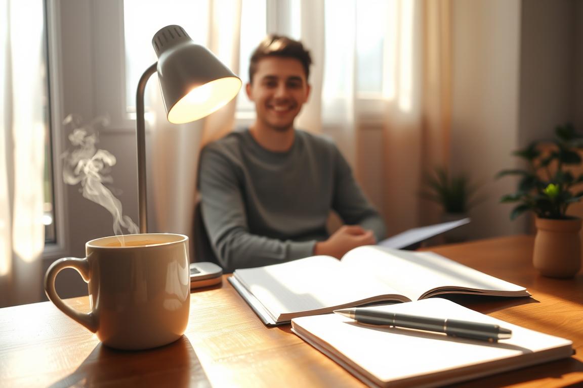 A peaceful morning scene bathed in soft, natural light pouring through a window, illuminating a cozy room where a bright daylight lamp sits prominently on a warm wooden desk. In the foreground, a steaming cup of coffee rests next to a neatly arranged notebook and a pen, suggesting an inviting workspace. In the middle ground, a young professional in modest casual clothing is seated at the desk, looking content and focused, with sunlight highlighting their face and the lamp's glow enhancing the atmosphere. The background features a light, airy curtain fluttering gently in the breeze, bringing a sense of freshness, and a small potted plant adding a touch of greenery. Overall, the image conveys a positive and uplifting morning vibe, perfect for energizing the mood during the dark winter days.