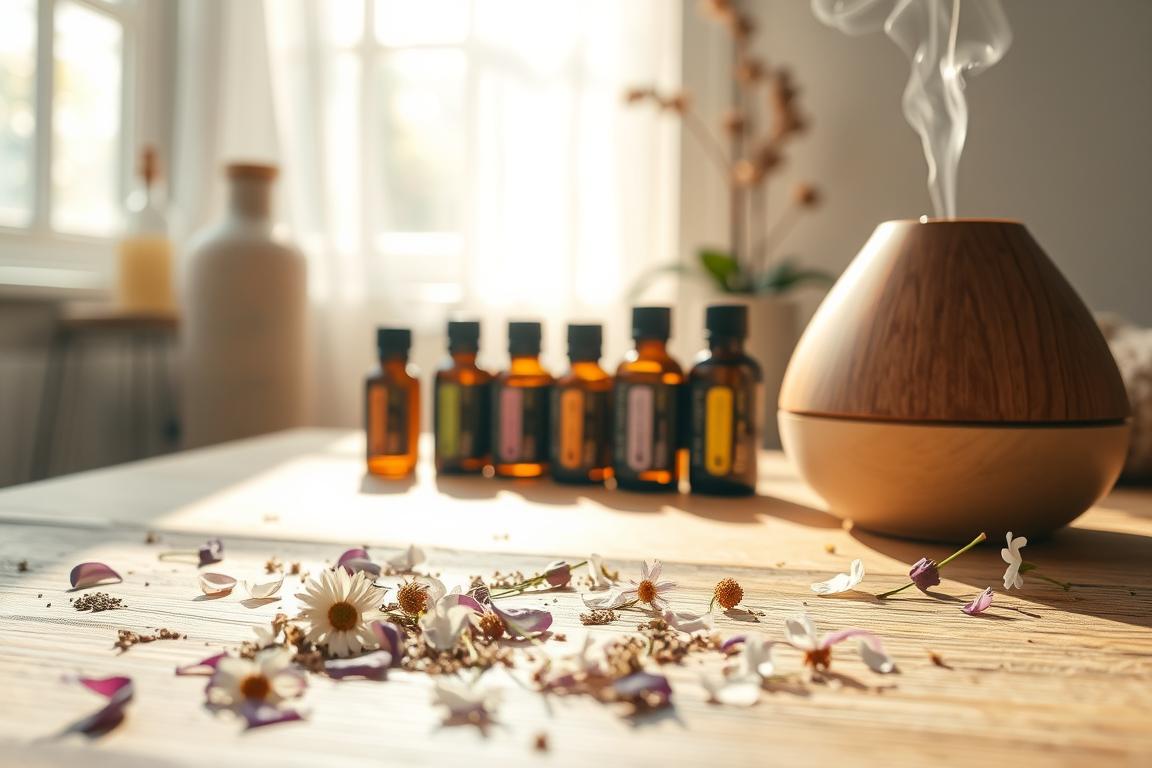A peaceful, softly lit scene of a spa-like environment with a variety of essential oil bottles and diffuser on a wooden table. Sunlight streams through a nearby window, casting a warm, soothing glow. In the foreground, delicate flower petals and aromatic herbs are scattered, evoking a sense of natural tranquility. The middle ground features the essential oil bottles, their labels showcasing the names of calming scents like lavender, chamomile, and bergamot. A serene, minimalist ambiance pervades the space, inviting the viewer to relax and unwind.