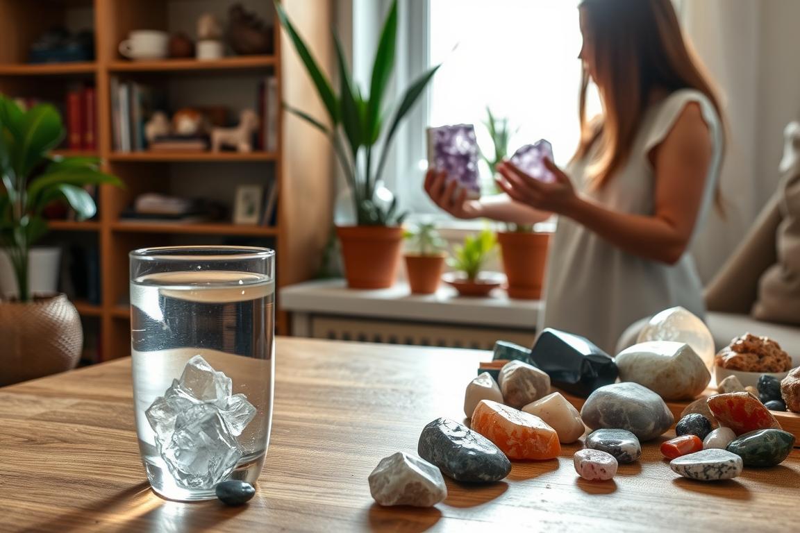 A peaceful, softly lit scene of various healing stones seamlessly integrated into everyday household objects and activities. In the foreground, a quartz crystal rests atop a glass of water on a wooden table, its facets refracting the light. In the middle ground, a woman's hands gently arrange amethyst clusters amidst potted plants on a windowsill, the natural light filtering in. In the background, a bookshelf displays an assortment of polished stones, their colors and textures complementing the surrounding decor. The overall atmosphere is one of calm tranquility, showcasing how these ancient healing elements can be mindfully incorporated into the modern domestic environment. A peaceful, softly lit scene of various healing stones seamlessly integrated into everyday household objects and activities. In the foreground, a quartz crystal rests atop a glass of water on a wooden table, its facets refracting the light. In the middle ground, a woman's hands gently arrange amethyst clusters amidst potted plants on a windowsill, the natural light filtering in. In the background, a bookshelf displays an assortment of polished stones, their colors and textures complementing the surrounding decor. The overall atmosphere is one of calm tranquility, showcasing how these ancient healing elements can be mindfully incorporated into the modern domestic environment.