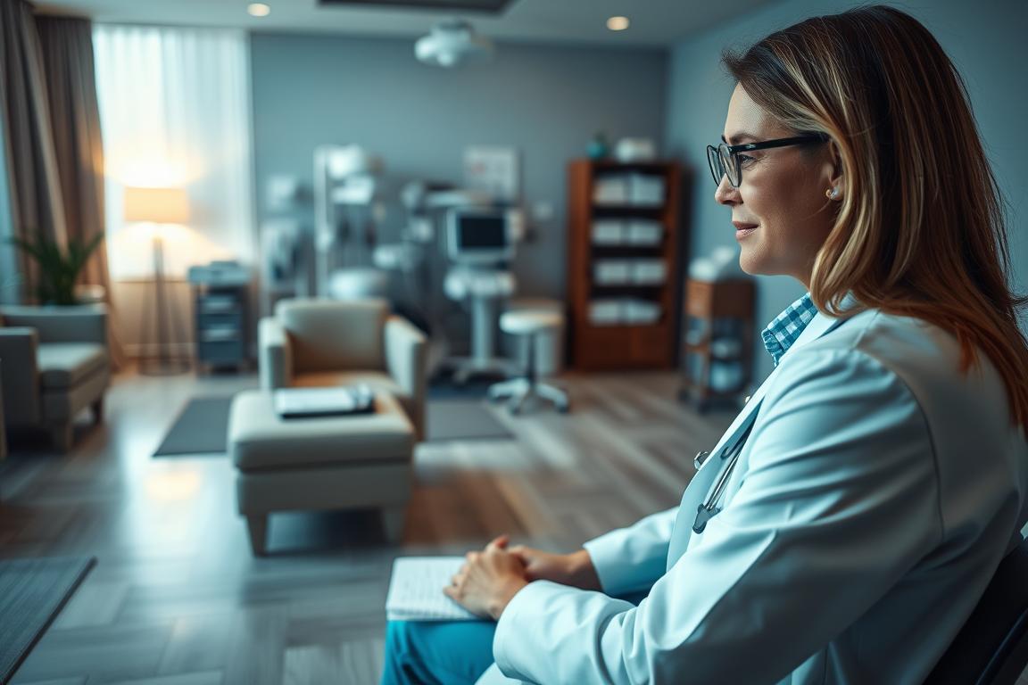 A professional medical consultation room with a comforting atmosphere. In the foreground, a doctor in a white coat sits at a desk, discussing treatment options with a patient experiencing abdominal discomfort. The middle ground features soothing, neutral-toned furniture and decor, creating a calming environment. The background showcases medical equipment and tools, conveying a sense of expertise and care. Soft, diffused lighting casts a warm glow, and the camera angle is positioned at eye level to establish a sense of openness and trust between the doctor and patient. The overall scene evokes a professional, empathetic setting where someone experiencing stomach cramps can seek reliable guidance and support.