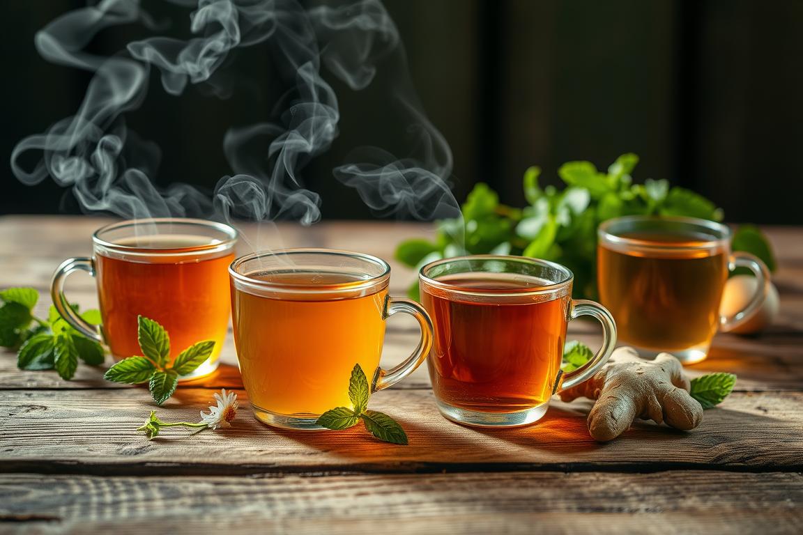 A rustic wooden table, its surface adorned with an array of delicate herbal tea infusions. Wisps of steam rise from the fragrant cups, casting a warm, soothing glow across the scene. Carefully arranged alongside are fresh sprigs of lush, vibrant herbs - mint, chamomile, and ginger - their vivid hues and natural textures lending an air of authenticity. The lighting is soft and diffused, creating an intimate, contemplative atmosphere, inviting the viewer to pause and savor the restorative properties of these natural elixirs. The overall composition emphasizes the simplicity and purity of these detoxifying beverages, making them the true heroes of this serene, rejuvenating tableau.