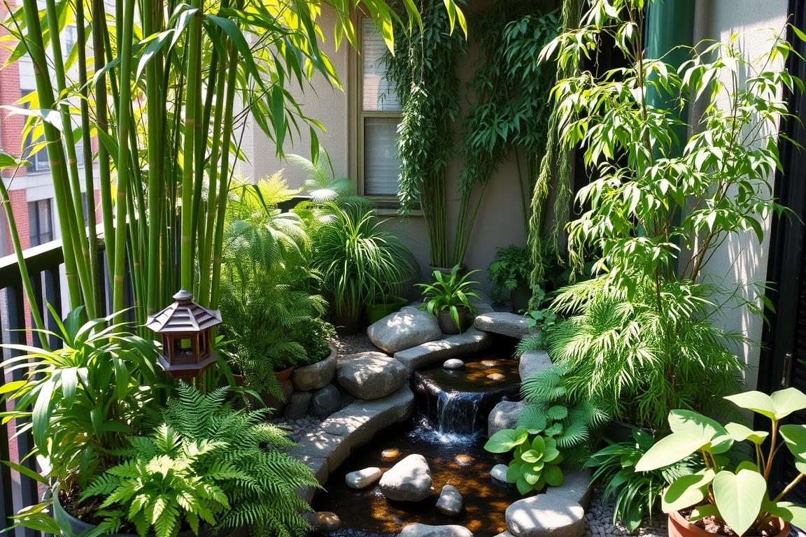 A serene Feng Shui-inspired garden on a small urban balcony. Lush foliage, including bamboo, ferns, and trailing vines, create a peaceful oasis. A tranquil water feature, such as a small fountain or bubbling stream, adds the soothing sound of moving water. Natural stone elements, like a pagoda-style lantern or a carefully placed rock arrangement, enhance the grounding, earthy ambiance. Dappled sunlight filters through the greenery, casting gentle shadows and creating a calming, harmonious atmosphere. The overall composition evokes a sense of harmony, balance, and connection with nature, perfectly suited for a cozy urban retreat. A serene Feng Shui-inspired garden on a small urban balcony. Lush foliage, including bamboo, ferns, and trailing vines, create a peaceful oasis. A tranquil water feature, such as a small fountain or bubbling stream, adds the soothing sound of moving water. Natural stone elements, like a pagoda-style lantern or a carefully placed rock arrangement, enhance the grounding, earthy ambiance. Dappled sunlight filters through the greenery, casting gentle shadows and creating a calming, harmonious atmosphere. The overall composition evokes a sense of harmony, balance, and connection with nature, perfectly suited for a cozy urban retreat.