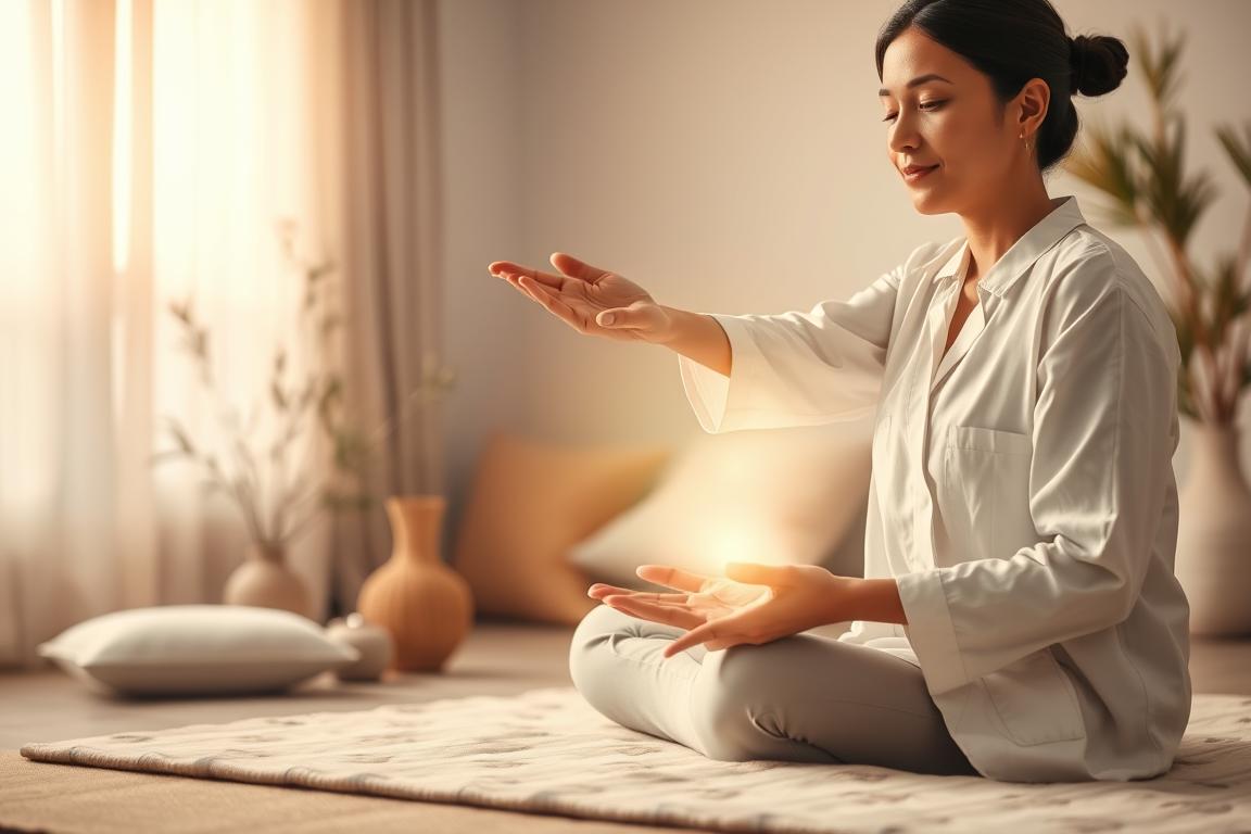 A serene Reiki healing session taking place in a tranquil environment, featuring a calm, compassionate practitioner in professional attire gently placing hands above a seated client, who appears relaxed and at peace. The foreground showcases soft, glowing healing energy emanating from the practitioner's hands, illuminating the client's aura with warm hues of gold and blue. In the middle ground, there are minimalistic decor elements like bamboo plants and soft cushions, enhancing the healing atmosphere. The background features a softly lit room, with natural light filtering through sheer curtains, creating a harmonious blend with the surroundings. The overall mood is soothing and transformative, conveying a sense of emotional healing and support. Capture this moment with a soft focus lens aesthetic to evoke a feeling of tranquility and empowerment.