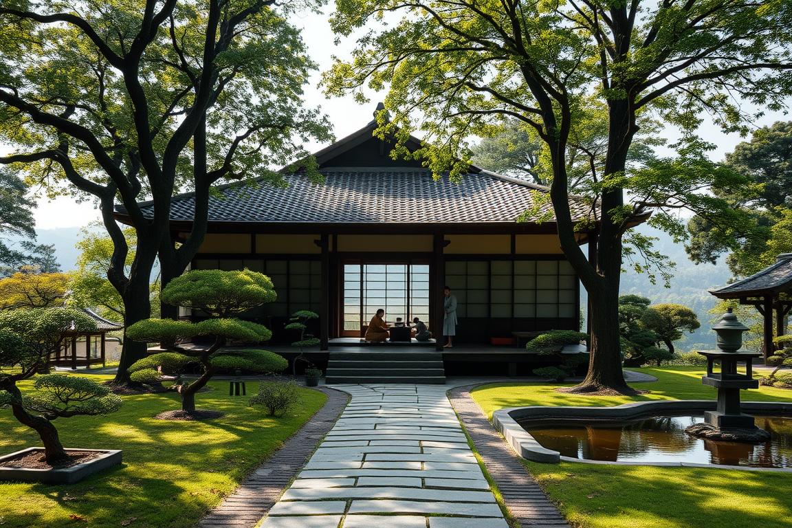 A serene and contemplative scene of a traditional Japanese teahouse nestled in a lush, verdant garden. The building's elegant architecture, with its sweeping roof lines and sliding shoji screens, is bathed in soft, diffused natural light filtering through the trees. In the foreground, a well-worn stone path leads towards the entrance, flanked by carefully pruned bonsai trees and a tranquil koi pond. The middle ground features a small group of people engaged in a traditional tea ceremony, their movements graceful and deliberate as they prepare and serve the tea. The background is a hazy, dreamlike landscape of rolling hills and distant mountains, evoking a sense of timelessness and connection to the natural world. A serene and contemplative scene of a traditional Japanese teahouse nestled in a lush, verdant garden. The building's elegant architecture, with its sweeping roof lines and sliding shoji screens, is bathed in soft, diffused natural light filtering through the trees. In the foreground, a well-worn stone path leads towards the entrance, flanked by carefully pruned bonsai trees and a tranquil koi pond. The middle ground features a small group of people engaged in a traditional tea ceremony, their movements graceful and deliberate as they prepare and serve the tea. The background is a hazy, dreamlike landscape of rolling hills and distant mountains, evoking a sense of timelessness and connection to the natural world.