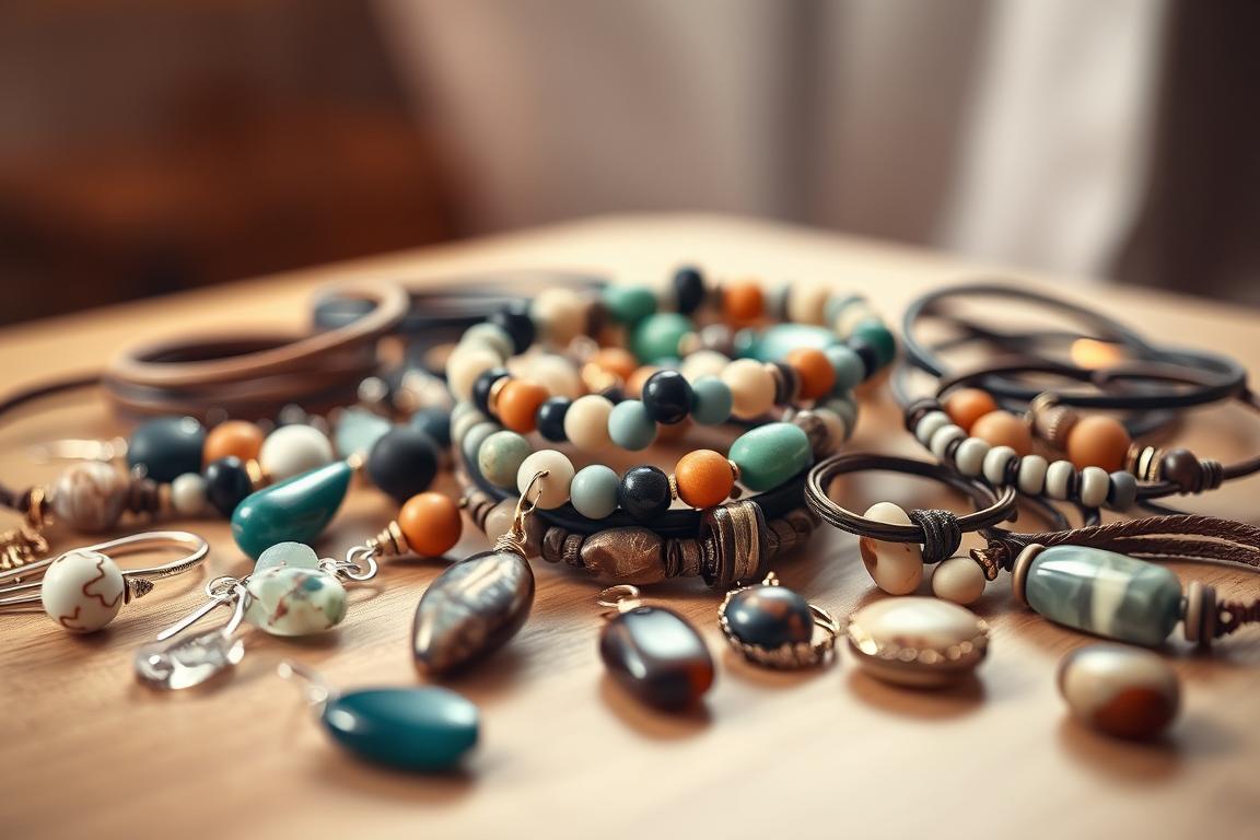 A serene and elegant arrangement of alternative jewelry, featuring a variety of materials and designs. In the foreground, delicate handcrafted pendants, earrings, and bracelets made from natural stones, metals, and organic elements like wood and leather. The middle ground showcases a diverse collection, with each piece reflecting a unique aesthetic and personality. The background is softly blurred, allowing the jewelry to take center stage under warm, natural lighting, captured by a high-quality camera lens. The overall mood is one of simplicity, beauty, and a connection to the natural world, perfectly suited to complement the article's focus on alternative options to traditional healing stone bracelets.