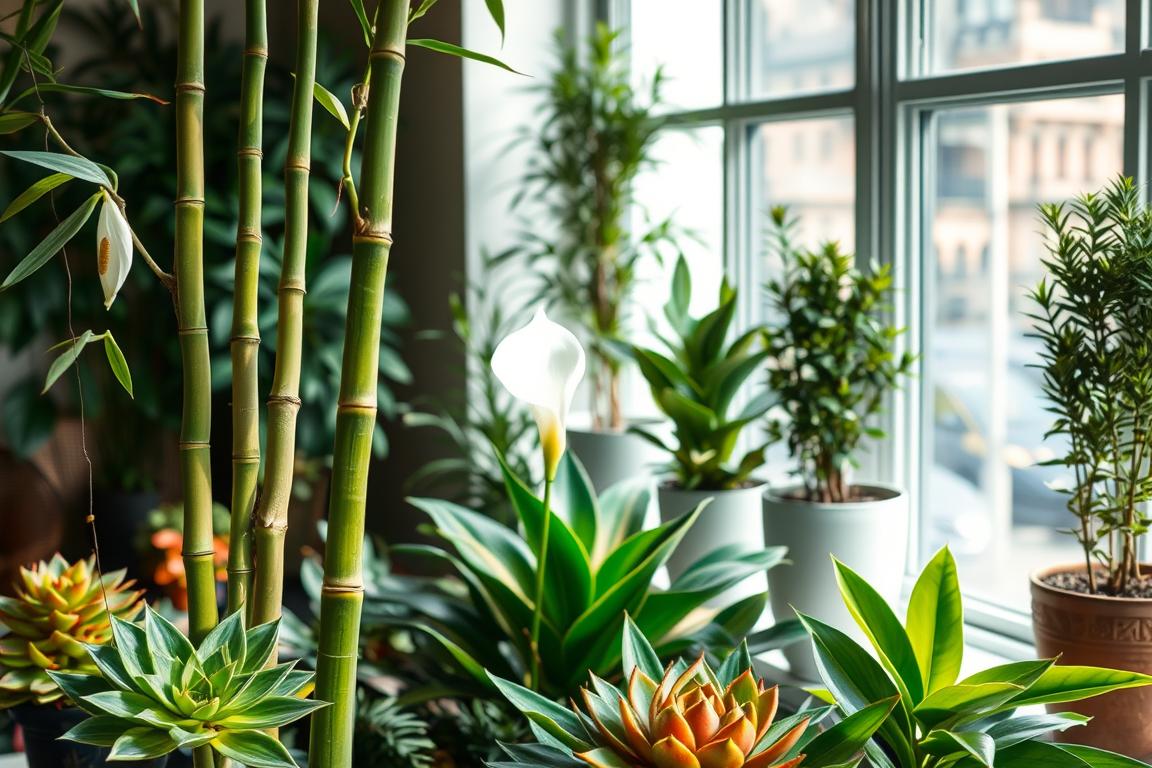 A serene and harmonious indoor garden, showcasing a variety of lush, thriving Feng Shui plants. In the foreground, a graceful bamboo plant stands tall, its slender stalks swaying gently. Surrounding it, a collection of vibrant succulents, their intricate leaves catching the soft, natural light streaming in from a large window. In the middle ground, a beautiful peace lily unfurls its elegant white blooms, radiating a sense of calm. In the background, a few potted Chinese evergreen plants add depth and texture to the scene, their dark green foliage contrasting with the lighter shades. The overall atmosphere is one of balance, tranquility, and a connection to nature, reflecting the principles of Feng Shui. A serene and harmonious indoor garden, showcasing a variety of lush, thriving Feng Shui plants. In the foreground, a graceful bamboo plant stands tall, its slender stalks swaying gently. Surrounding it, a collection of vibrant succulents, their intricate leaves catching the soft, natural light streaming in from a large window. In the middle ground, a beautiful peace lily unfurls its elegant white blooms, radiating a sense of calm. In the background, a few potted Chinese evergreen plants add depth and texture to the scene, their dark green foliage contrasting with the lighter shades. The overall atmosphere is one of balance, tranquility, and a connection to nature, reflecting the principles of Feng Shui.