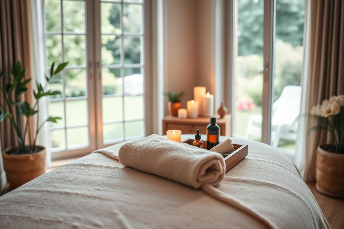 A serene and inviting home massage setting. In the foreground, a cozy chenille blanket and fluffy pillows adorn a plush massage table, bathed in soft, warm lighting. The middle ground features a wooden side table with fragrant candles, essential oils, and a tray of relaxing spa accoutrements. In the background, a large window overlooks a tranquil garden, letting in natural light and a soothing view. The atmosphere is one of calmness, comfort, and wellness, setting the stage for a rejuvenating at-home massage experience.