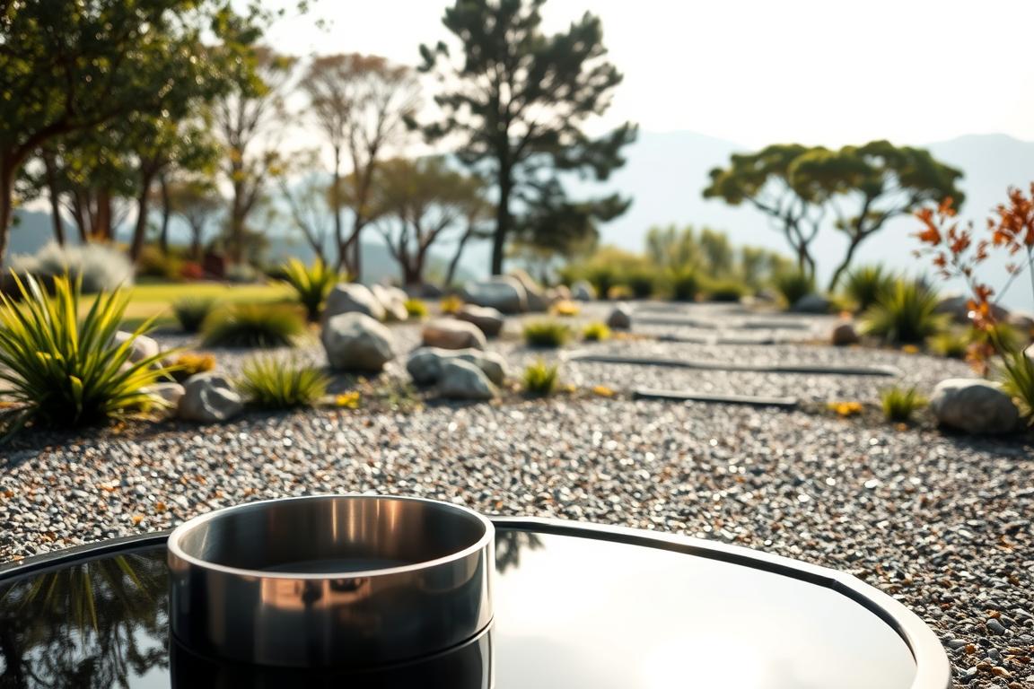 A serene and tranquil landscape of a Feng Shui garden, with a central focal point of a metal element. In the foreground, a sleek and polished metal sculpture or water feature reflects the natural light, creating a sense of clarity and precision. The middle ground features a carefully curated arrangement of rocks, gravel, and plants, evoking the element of metal through their geometric forms and muted tones. In the background, a harmonious blend of trees and sky sets a calming, meditative atmosphere. The scene is illuminated by a soft, diffused lighting, capturing the essence of the metal element - its strength, stability, and ability to bring focus and organization to the environment. A serene and tranquil landscape of a Feng Shui garden, with a central focal point of a metal element. In the foreground, a sleek and polished metal sculpture or water feature reflects the natural light, creating a sense of clarity and precision. The middle ground features a carefully curated arrangement of rocks, gravel, and plants, evoking the element of metal through their geometric forms and muted tones. In the background, a harmonious blend of trees and sky sets a calming, meditative atmosphere. The scene is illuminated by a soft, diffused lighting, capturing the essence of the metal element - its strength, stability, and ability to bring focus and organization to the environment.