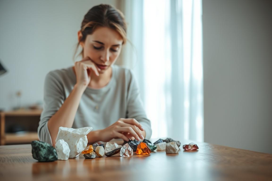 A serene and tranquil scene of a woman carefully examining a collection of gemstones, known as "Heilsteine," on a wooden table. Soft, diffused natural lighting illuminates the crystals, highlighting their intricate patterns and unique colors. The woman's face is in thoughtful contemplation as she compares the stones, evaluating their condition and considering when they may need to be replaced. The background is a minimalist, clean-lined interior, allowing the focus to remain on the woman's task at hand. The overall mood is one of introspection and mindfulness, reflecting the importance of maintaining the balance and energy of these healing stones.