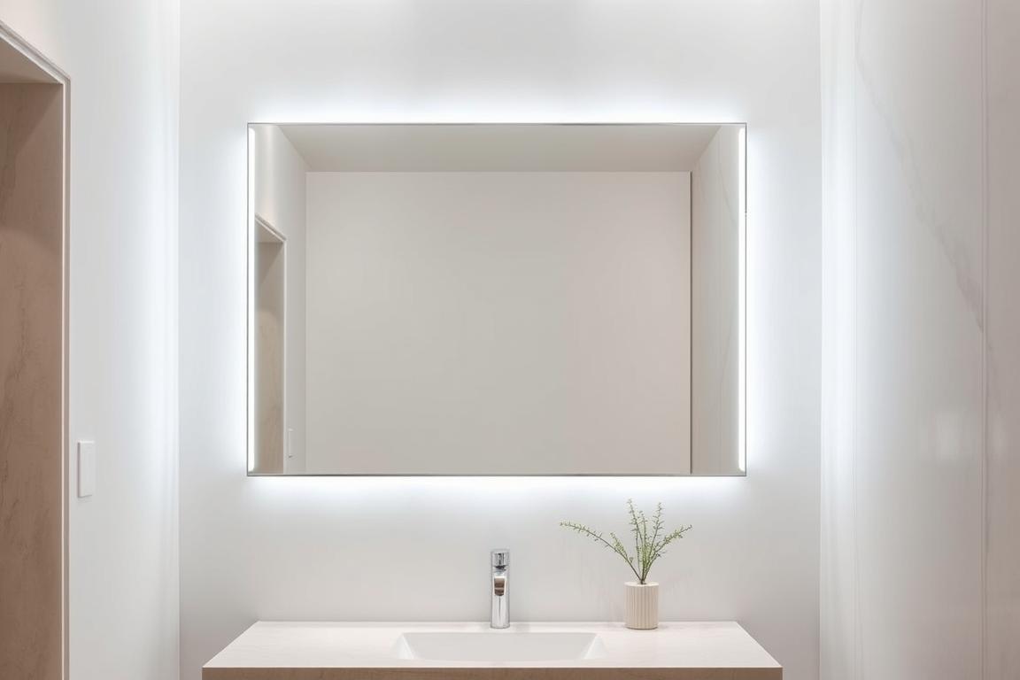 A serene bathroom interior with a large, rectangular mirror mounted on the wall. The mirror is framed in a sleek, minimalist style, with a polished silver or chrome finish. The mirror is positioned at eye level, creating a focal point in the space. The lighting is soft and diffused, creating a calming atmosphere. The bathroom walls are finished in a soothing, neutral color palette, such as white or light gray, with subtle textures or patterns. The floor is covered in smooth, natural stone tiles, adding to the overall sense of tranquility. A potted plant or a simple decorative accent piece is placed near the mirror, complementing the serene and balanced ambiance. A serene bathroom interior with a large, rectangular mirror mounted on the wall. The mirror is framed in a sleek, minimalist style, with a polished silver or chrome finish. The mirror is positioned at eye level, creating a focal point in the space. The lighting is soft and diffused, creating a calming atmosphere. The bathroom walls are finished in a soothing, neutral color palette, such as white or light gray, with subtle textures or patterns. The floor is covered in smooth, natural stone tiles, adding to the overall sense of tranquility. A potted plant or a simple decorative accent piece is placed near the mirror, complementing the serene and balanced ambiance.