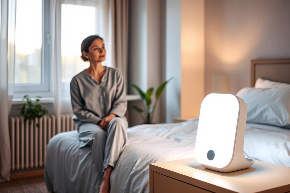 A serene bedroom scene featuring a modern light therapy device glowing softly on a bedside table. In the foreground, a person dressed in comfortable, modest pajamas sits on the edge of the bed, looking relaxed and contemplative. The middle ground showcases a window with soft morning light filtering through light curtains, creating a tranquil ambiance. In the background, there are gentle green plants and a calm color palette of blues and whites, emphasizing the theme of restful sleep. The lighting is warm and inviting, with a focus on the soft glow of the light therapy device, highlighting its importance in enhancing the atmosphere. Capture a sense of peace and balance, reflecting the natural regulation of the body's biorhythm. A serene bedroom scene featuring a modern light therapy device glowing softly on a bedside table. In the foreground, a person dressed in comfortable, modest pajamas sits on the edge of the bed, looking relaxed and contemplative. The middle ground showcases a window with soft morning light filtering through light curtains, creating a tranquil ambiance. In the background, there are gentle green plants and a calm color palette of blues and whites, emphasizing the theme of restful sleep. The lighting is warm and inviting, with a focus on the soft glow of the light therapy device, highlighting its importance in enhancing the atmosphere. Capture a sense of peace and balance, reflecting the natural regulation of the body's biorhythm.