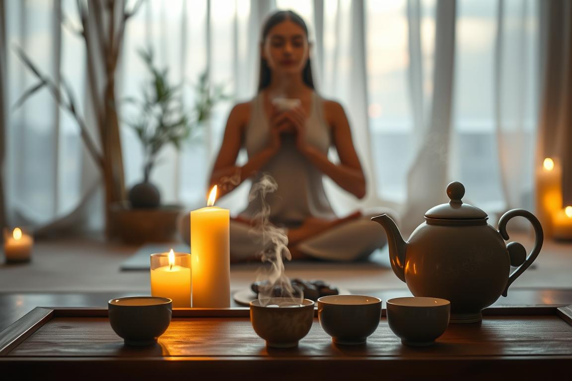 A serene, candle-lit room with a simple tea ceremony unfolding. In the foreground, a ceramic teapot and delicate teacups arranged on a wooden table, steam gently rising. The middle ground features a person in meditative pose, eyes closed, hands cradling a steaming cup of tea. Soft, ambient lighting filters through sheer curtains, casting a warm, soothing glow. The background evokes a sense of tranquility, with natural elements like bamboo or river stones creating a Zen-like atmosphere. The overall scene conveys a profound feeling of mindfulness, relaxation, and the rejuvenating power of the tea ritual. A serene, candle-lit room with a simple tea ceremony unfolding. In the foreground, a ceramic teapot and delicate teacups arranged on a wooden table, steam gently rising. The middle ground features a person in meditative pose, eyes closed, hands cradling a steaming cup of tea. Soft, ambient lighting filters through sheer curtains, casting a warm, soothing glow. The background evokes a sense of tranquility, with natural elements like bamboo or river stones creating a Zen-like atmosphere. The overall scene conveys a profound feeling of mindfulness, relaxation, and the rejuvenating power of the tea ritual.