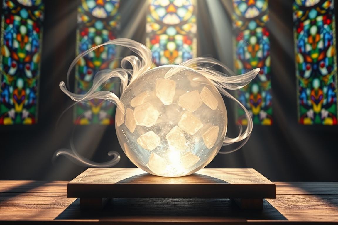 A serene crystal sphere rests on a wooden altar, emanating a warm, glowing light. Wisps of translucent energy swirl around it, representing the negative forces being drawn from the stone. Sunlight filters through stained glass windows, casting a kaleidoscope of colors that dance across the scene. The atmosphere is one of tranquility and spiritual cleansing, inviting the viewer to engage in the mindful process of releasing negative energy from the healing crystal.