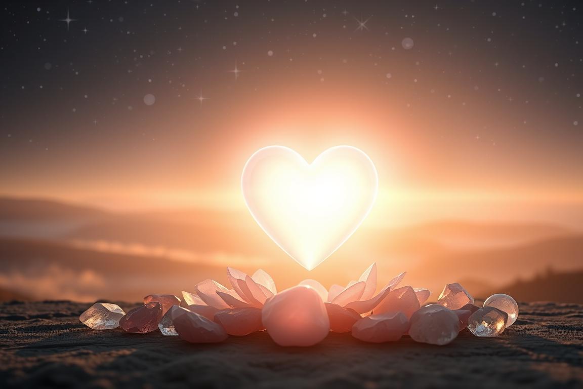 A serene, ethereal scene depicting the heart chakra and healing crystals. In the foreground, a glowing, translucent heart center radiates soft, warm light, surrounded by a halo of delicate, pastel-colored petals. Arranged around the heart are a selection of polished, faceted gemstones in soothing hues of rose quartz, amethyst, and clear quartz. The middle ground features a misty, dreamlike landscape with rolling hills and a distant horizon, bathed in a gentle, golden glow. The background is filled with a starry night sky, creating a sense of cosmic, spiritual connection. The overall atmosphere is one of tranquility, introspection, and the harmonious balance of mind, body, and spirit.