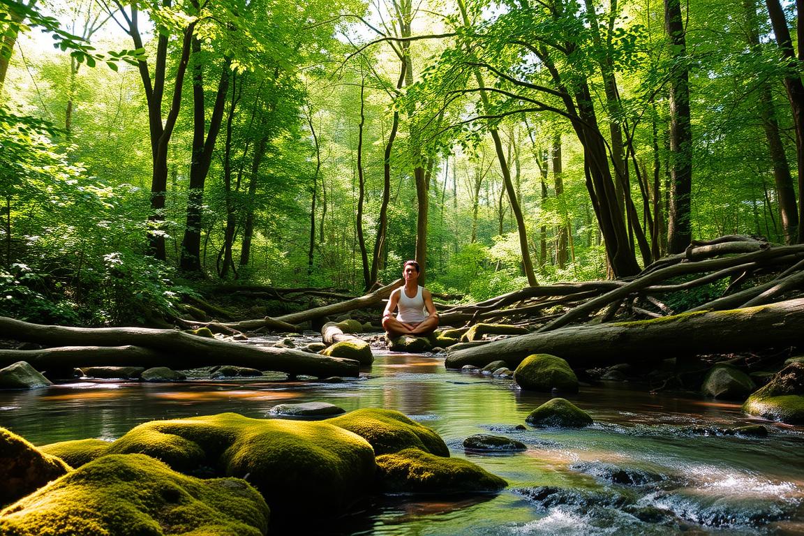 A serene forest glade, dappled sunlight filtering through the lush canopy of verdant leaves. In the foreground, a meandering stream gently flows, its crystal-clear waters reflecting the tranquil scene. Moss-covered rocks and fallen logs create a natural seating area, inviting one to pause and observe the vibrant hues and textures of the surrounding flora. In the middle ground, a lone figure sits cross-legged, eyes closed, fully immersed in the present moment, their senses attuned to the symphony of nature - the rustling of leaves, the chirping of birds, the soothing sound of the water. The atmosphere exudes a sense of calm and mindfulness, as if time has slowed to allow for a deeper connection with the restorative powers of the forest.