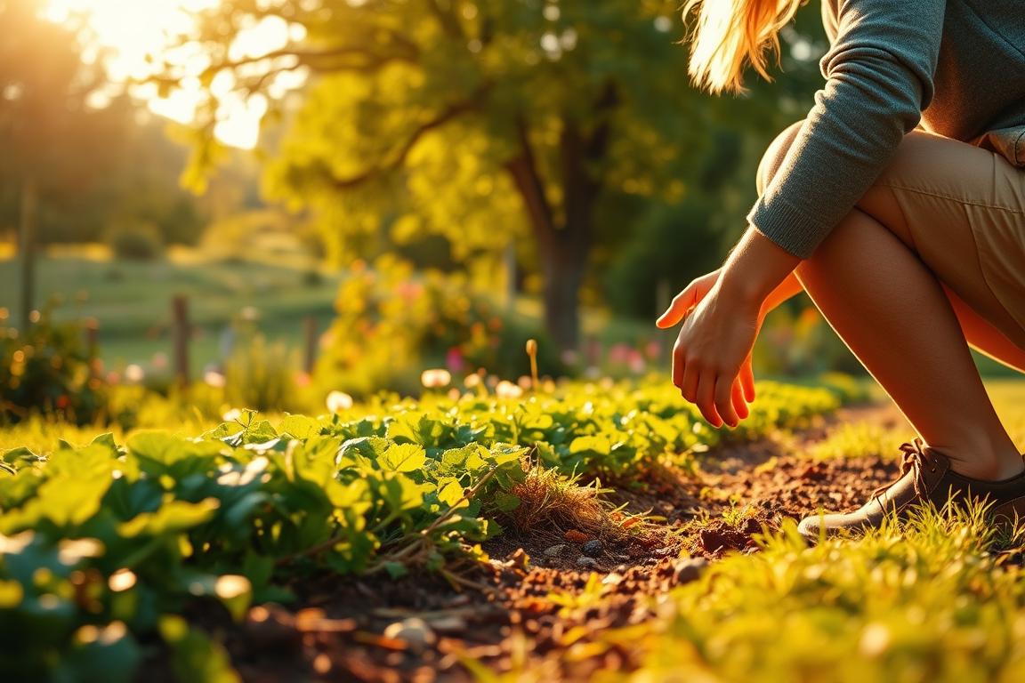 A serene garden scene bathed in warm, golden light. In the foreground, a person crouches close to the earth, their hands gently tending to a flourishing vegetable patch. Their movements are slow and deliberate, a meditative dance between human and nature. The background reveals a lush, verdant landscape dotted with blooming flowers and towering trees, their branches swaying softly in a gentle breeze. The overall atmosphere is one of tranquility and mindfulness, inviting the viewer to slow down and find solace in the simple act of gardening. A serene garden scene bathed in warm, golden light. In the foreground, a person crouches close to the earth, their hands gently tending to a flourishing vegetable patch. Their movements are slow and deliberate, a meditative dance between human and nature. The background reveals a lush, verdant landscape dotted with blooming flowers and towering trees, their branches swaying softly in a gentle breeze. The overall atmosphere is one of tranquility and mindfulness, inviting the viewer to slow down and find solace in the simple act of gardening.