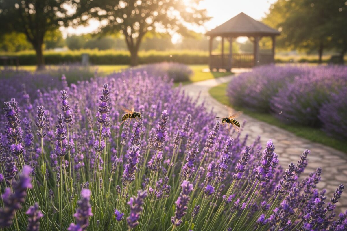 A serene garden scene featuring lush lavender plants in full bloom, their vibrant purple flowers gently swaying in a soft breeze. In the foreground, a close-up view of lavender sprigs with dew glistening on the petals, emphasizing their aromatic essence. Mid-ground includes a couple of realistic wasps hovering curiously near the flowers, highlighting the natural pest-repelling property of lavender. The background showcases a peaceful garden setting with warm, golden sunlight filtering through the leaves of nearby trees, creating a tranquil atmosphere. The image should evoke a sense of calmness and natural beauty, with a focus on the effectiveness of lavender's fragrance against wasps. Use a soft-focus lens effect to enhance the dreamy quality, and capture the scene from a slightly elevated angle for a comprehensive view. A serene garden scene featuring lush lavender plants in full bloom, their vibrant purple flowers gently swaying in a soft breeze. In the foreground, a close-up view of lavender sprigs with dew glistening on the petals, emphasizing their aromatic essence. Mid-ground includes a couple of realistic wasps hovering curiously near the flowers, highlighting the natural pest-repelling property of lavender. The background showcases a peaceful garden setting with warm, golden sunlight filtering through the leaves of nearby trees, creating a tranquil atmosphere. The image should evoke a sense of calmness and natural beauty, with a focus on the effectiveness of lavender's fragrance against wasps. Use a soft-focus lens effect to enhance the dreamy quality, and capture the scene from a slightly elevated angle for a comprehensive view.