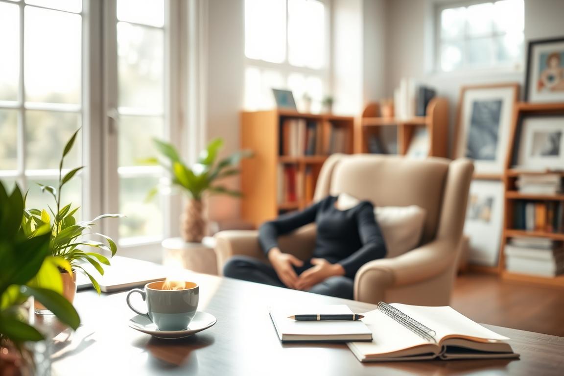 A serene home office setting, bathed in soft, natural light filtering through large windows. In the foreground, a person sits comfortably on a plush armchair, eyes closed, practicing mindful meditation. On the desk, a cup of steaming tea and a notebook, symbolic of the integration of self-care into the workday. The middle ground features a lush, potted plant, adding a calming, verdant touch. In the background, bookshelves and framed artwork create a sense of warmth and intellectual stimulation. The overall atmosphere conveys a harmonious balance between productivity and personal well-being, reflecting the importance of self-care in the professional realm.