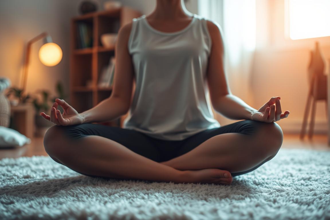 A serene individual seated cross-legged on a plush rug, eyes gently closed as they practice the progressive muscle relaxation technique. The foreground features their hands resting softly on their lap, fingers slightly curled in a posture of mindfulness. The middle ground reveals a dimly lit, cozy interior, with warm lighting emanating from a nearby window or lamp, casting a soothing glow. In the background, subtle details like potted plants or a minimalist bookshelf create a tranquil, zen-like atmosphere. The overall scene conveys a sense of profound relaxation, concentration, and the holistic well-being achieved through this powerful stress-relief method. A serene individual seated cross-legged on a plush rug, eyes gently closed as they practice the progressive muscle relaxation technique. The foreground features their hands resting softly on their lap, fingers slightly curled in a posture of mindfulness. The middle ground reveals a dimly lit, cozy interior, with warm lighting emanating from a nearby window or lamp, casting a soothing glow. In the background, subtle details like potted plants or a minimalist bookshelf create a tranquil, zen-like atmosphere. The overall scene conveys a sense of profound relaxation, concentration, and the holistic well-being achieved through this powerful stress-relief method.