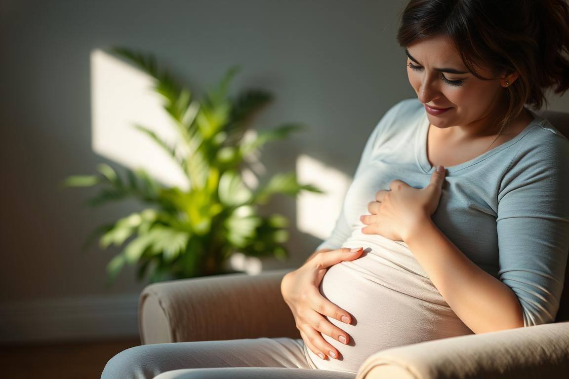 A serene, intimate scene of a pregnant woman experiencing digestive discomfort. In the foreground, she sits comfortably on a plush armchair, one hand gently resting on her swollen belly. Her expression is one of mild discomfort, yet still conveying a sense of calm and acceptance. Soft, indirect lighting bathes the scene, creating a warm, cozy atmosphere. The middle ground features soothing greenery, perhaps a potted plant or two, adding a touch of nature to the setting. The background is slightly blurred, suggesting a cozy, domestic environment, free from distractions. The overall mood is one of understanding and empathy, capturing the common experience of pregnancy-related digestive issues.