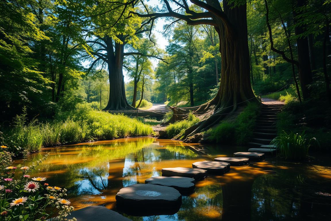 A serene, lush forest glade bathed in warm, dappled sunlight. In the foreground, a tranquil pond reflects the verdant foliage and azure sky above. Stepping stones lead across the water, inviting the viewer to enter this peaceful refuge. Wildflowers and ferns line the banks, their delicate blooms and fronds swaying gently in the soft breeze. In the middle ground, towering trees with gnarled trunks and lush canopies create a natural cathedral, their branches reaching towards the heavens. Farther back, a winding path disappears into the verdant depths, hinting at deeper exploration and discovery. An overwhelming sense of calm and renewal permeates the scene, a true haven for the senses and the soul. A serene, lush forest glade bathed in warm, dappled sunlight. In the foreground, a tranquil pond reflects the verdant foliage and azure sky above. Stepping stones lead across the water, inviting the viewer to enter this peaceful refuge. Wildflowers and ferns line the banks, their delicate blooms and fronds swaying gently in the soft breeze. In the middle ground, towering trees with gnarled trunks and lush canopies create a natural cathedral, their branches reaching towards the heavens. Farther back, a winding path disappears into the verdant depths, hinting at deeper exploration and discovery. An overwhelming sense of calm and renewal permeates the scene, a true haven for the senses and the soul.