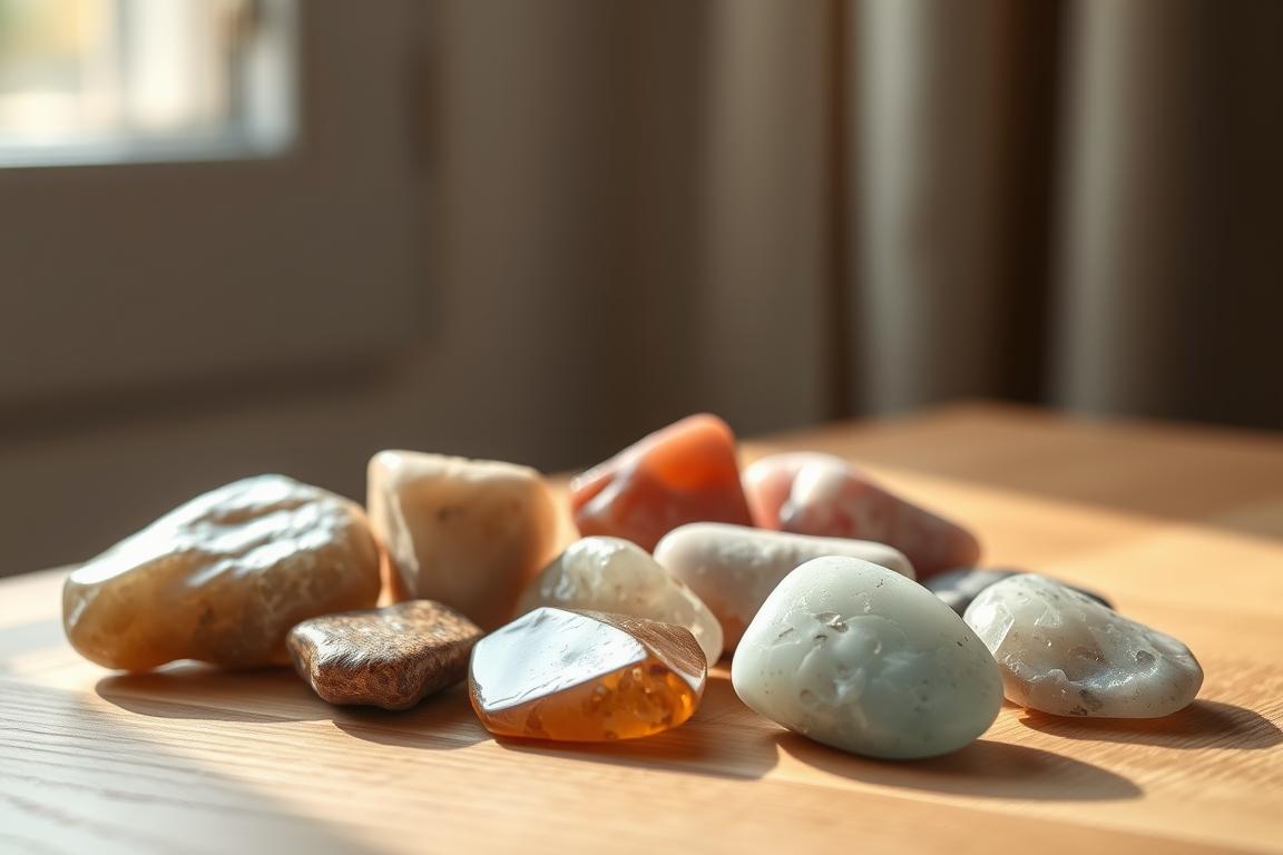 A serene, minimalist still life scene of clean healing stones resting on a wooden surface, with soft, natural lighting from a window casting a warm glow. The stones, arranged in a visually pleasing composition, appear polished and vibrant, their intricate textures and unique shapes highlighted. The background is blurred, creating a sense of focus and simplicity. The overall mood is calming and meditative, inviting the viewer to appreciate the beauty and restorative properties of these carefully cleansed natural specimens. A serene, minimalist still life scene of clean healing stones resting on a wooden surface, with soft, natural lighting from a window casting a warm glow. The stones, arranged in a visually pleasing composition, appear polished and vibrant, their intricate textures and unique shapes highlighted. The background is blurred, creating a sense of focus and simplicity. The overall mood is calming and meditative, inviting the viewer to appreciate the beauty and restorative properties of these carefully cleansed natural specimens.