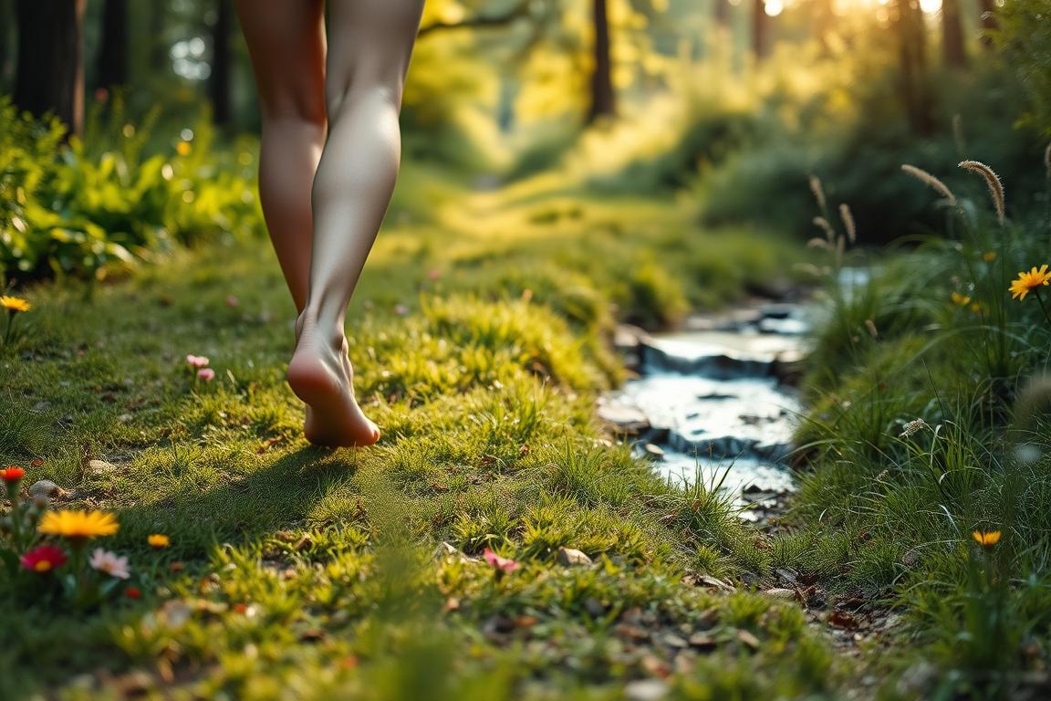 A serene natural landscape, with a person walking barefoot on a grassy path, surrounded by lush greenery and vibrant wildflowers. Soft, diffused lighting filters through the canopy of trees, casting a warm, inviting glow. The person's steps are deliberate and mindful, as they experience the tactile sensations of the earth beneath their feet. In the background, a small, babbling brook flows gently, its soothing sounds providing a calming ambiance. The overall scene conveys a sense of balance, well-being, and a connection to the natural world, reflecting the benefits of walking barefoot as a natural therapy for the body and mind. A serene natural landscape, with a person walking barefoot on a grassy path, surrounded by lush greenery and vibrant wildflowers. Soft, diffused lighting filters through the canopy of trees, casting a warm, inviting glow. The person's steps are deliberate and mindful, as they experience the tactile sensations of the earth beneath their feet. In the background, a small, babbling brook flows gently, its soothing sounds providing a calming ambiance. The overall scene conveys a sense of balance, well-being, and a connection to the natural world, reflecting the benefits of walking barefoot as a natural therapy for the body and mind.