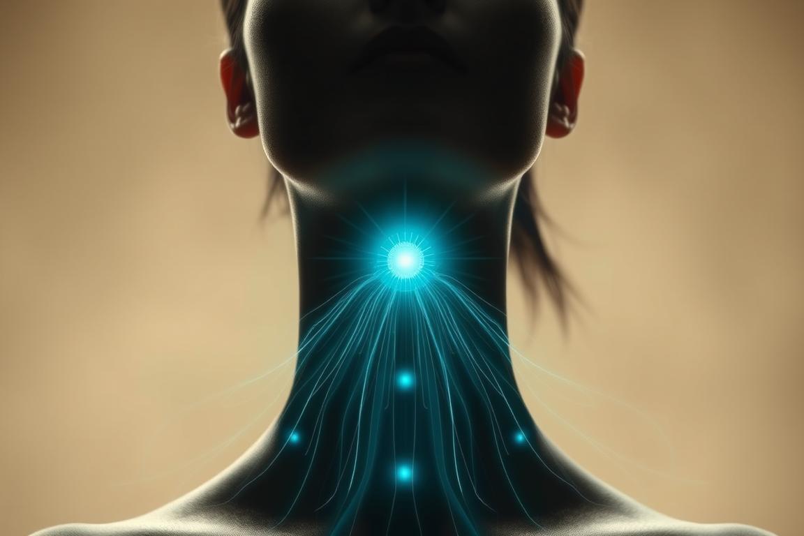 A serene neck chakra glowing with calming blue-green hues, radiating an aura of inner expression and truth. Elegant, flowing energy lines emanate from the center, cascading downward like a gentle waterfall. The figure's face is obscured, emphasizing the focus on the throat area. Soft, diffused light illuminates the scene, creating a contemplative, introspective atmosphere. Muted, earthy tones in the background provide a grounded, natural setting, allowing the vibrant chakra to take center stage. Captured with a wide-angle lens to emphasize the spiritual significance of this energy center. A serene neck chakra glowing with calming blue-green hues, radiating an aura of inner expression and truth. Elegant, flowing energy lines emanate from the center, cascading downward like a gentle waterfall. The figure's face is obscured, emphasizing the focus on the throat area. Soft, diffused light illuminates the scene, creating a contemplative, introspective atmosphere. Muted, earthy tones in the background provide a grounded, natural setting, allowing the vibrant chakra to take center stage. Captured with a wide-angle lens to emphasize the spiritual significance of this energy center.