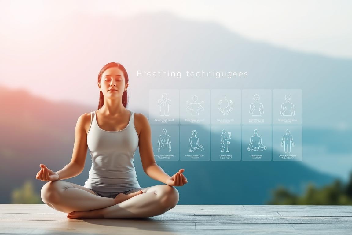 A serene online course on breathing techniques, with a minimalist, modern design. In the foreground, a person sits in a meditative pose, their eyes closed, their expression calm and focused. The middle ground features various visual aids, such as diagrams or illustrations, showcasing different breathing exercises. The background is a soothing, blurred landscape, perhaps a tranquil forest or a calming seascape, creating a sense of peace and tranquility. The lighting is soft and natural, accentuating the meditative atmosphere. The overall composition is balanced and visually appealing, reflecting the effectiveness and accessibility of the online course. A serene online course on breathing techniques, with a minimalist, modern design. In the foreground, a person sits in a meditative pose, their eyes closed, their expression calm and focused. The middle ground features various visual aids, such as diagrams or illustrations, showcasing different breathing exercises. The background is a soothing, blurred landscape, perhaps a tranquil forest or a calming seascape, creating a sense of peace and tranquility. The lighting is soft and natural, accentuating the meditative atmosphere. The overall composition is balanced and visually appealing, reflecting the effectiveness and accessibility of the online course.