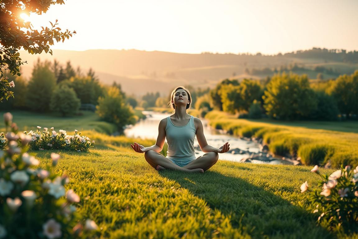 A serene scene depicting the concept of "Wohlbefinden". In the foreground, a person sits cross-legged on a plush, verdant lawn, eyes closed in a meditative pose. Surrounding them, lush foliage and blooming flowers in soft pastel hues create a sense of tranquility. The middle ground features a crystal-clear stream, its calming waters reflecting the warmth of the golden hour sunlight. In the distance, rolling hills dotted with trees create a soothing, natural landscape. The lighting is soft and diffused, creating a warm, comforting atmosphere that evokes a deep sense of wellbeing and inner peace. A serene scene depicting the concept of "Wohlbefinden". In the foreground, a person sits cross-legged on a plush, verdant lawn, eyes closed in a meditative pose. Surrounding them, lush foliage and blooming flowers in soft pastel hues create a sense of tranquility. The middle ground features a crystal-clear stream, its calming waters reflecting the warmth of the golden hour sunlight. In the distance, rolling hills dotted with trees create a soothing, natural landscape. The lighting is soft and diffused, creating a warm, comforting atmosphere that evokes a deep sense of wellbeing and inner peace.