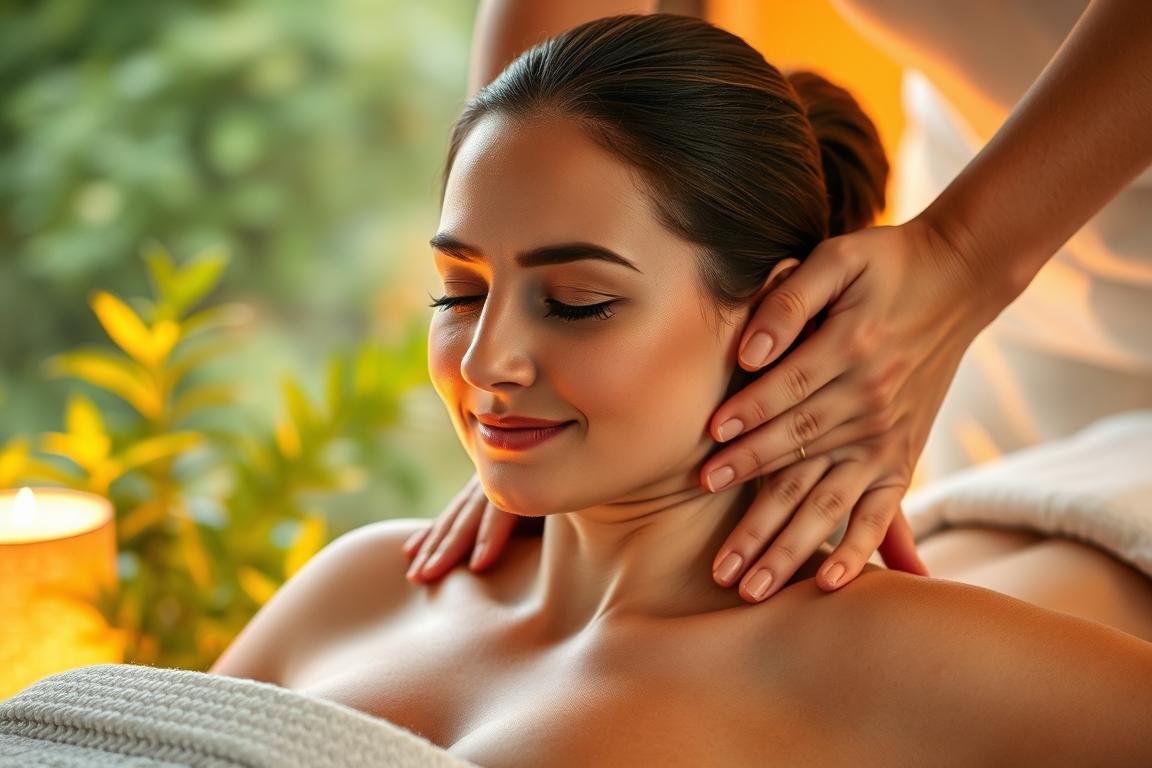 A serene scene of a person receiving a therapeutic massage, surrounded by a warm and inviting atmosphere. The massage therapist's hands work with gentle, flowing motions, easing tension from the shoulders and back. Soft, diffused lighting creates a calming, ambient glow, while lush, vibrant foliage in the background suggests a tranquil, nature-inspired setting. The model's expression conveys a sense of deep relaxation and contentment, reflecting the "Wohlfühlfaktor" or "feel-good factor" of the experience. The overall composition and mood aim to visually convey how massage can enrich and enhance one's quality of life.