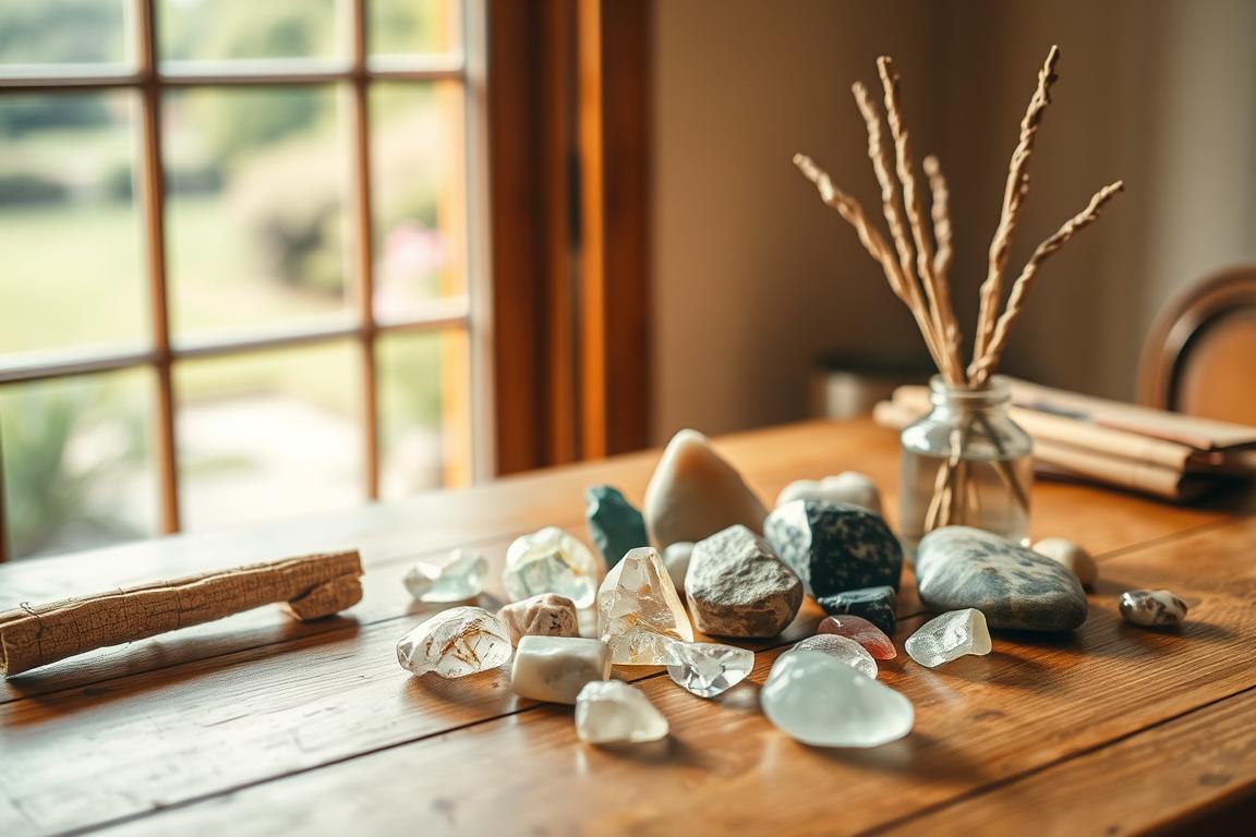 A serene scene of a wooden table with various healing stones, crystals, and sage smudge sticks. The stones are arranged neatly, with some appearing to glow with a soft, ethereal light. The lighting is warm and diffused, creating a calming atmosphere. In the background, a window frames a peaceful outdoor landscape, perhaps a garden or natural setting. The scene evokes a sense of tranquility and the ritual of cleansing and recharging the healing stones. The composition is balanced, with the stones taking center stage, and the surroundings providing a harmonious backdrop.