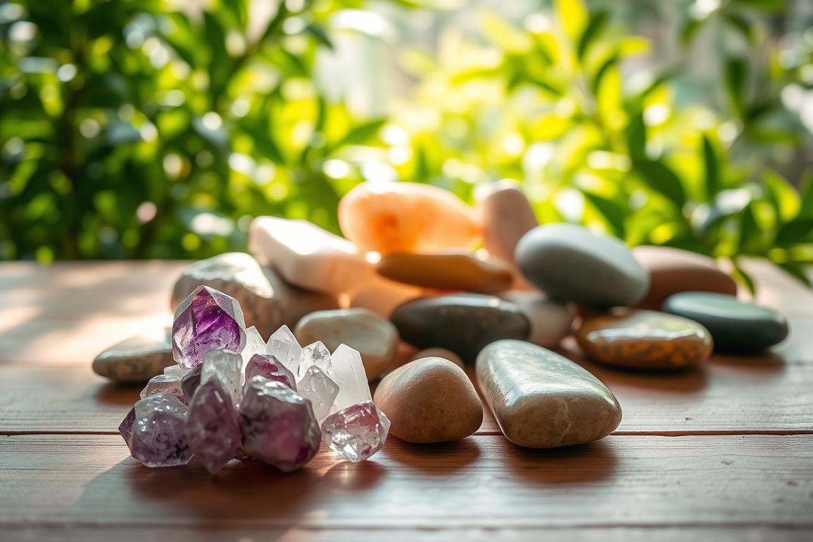A serene, softly-lit scene of various natural healing stones arranged on a wooden surface. In the foreground, a cluster of amethyst and rose quartz crystals gently catch the light, their facets reflecting a warm, calming glow. In the middle ground, a collection of smooth river stones and polished quartz pieces nestle together, radiating an earthy, grounded energy. Behind them, a backdrop of lush, green foliage creates a tranquil, natural atmosphere, evoking a sense of retreat and renewal. The overall composition exudes a soothing, restorative ambiance, inviting the viewer to consider alternative methods for cleansing and recharging these precious, therapeutic stones.