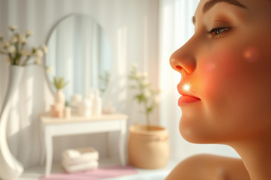 A serene, spa-like scene showcasing the process of skin cell renewal. In the foreground, a close-up of glowing, healthy skin with a delicate bloom of radiant energy pulsing from within. The middle ground features a serene, minimalist vanity with natural skincare products, exuding a sense of tranquility and self-care. The background depicts a softly lit, airy environment with wispy curtains and subtle floral accents, creating a calming, restorative atmosphere. Soft, diffused lighting washes over the scene, emphasizing the luminous quality of the skin. Captured with a shallow depth of field, the image conveys a sense of focus on the skin's cellular regeneration and nourishment.