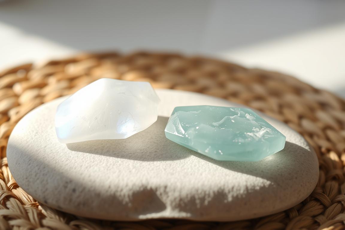 A serene still life showcasing a pair of natural gemstones: a radiant moonstone and a soothing amazonite. The stones are displayed on a soft, textured surface, perhaps a handwoven natural fiber mat or a smooth stone slab. The lighting is gentle, creating a soothing, calming atmosphere, with soft shadows and highlights accentuating the stones' natural beauty and unique characteristics. The composition is balanced and harmonious, inviting the viewer to pause and reflect on the calming, emotionally balancing properties of these two special crystals.