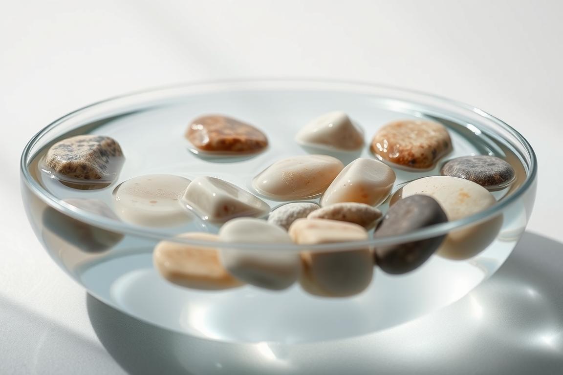 A serene still life showcasing the charging of healing stones in clear, tranquil water. The stones, in a variety of shapes and colors, are submerged in a glass vessel, reflecting the soft, natural light filtering through the water. Subtle ripples on the surface create a mesmerizing, soothing effect. The background is a minimalist, muted palette, allowing the stones and the water to take center stage. The overall composition conveys a sense of calm, balance, and the restorative power of connecting with the earth's natural energies through this ancient practice.