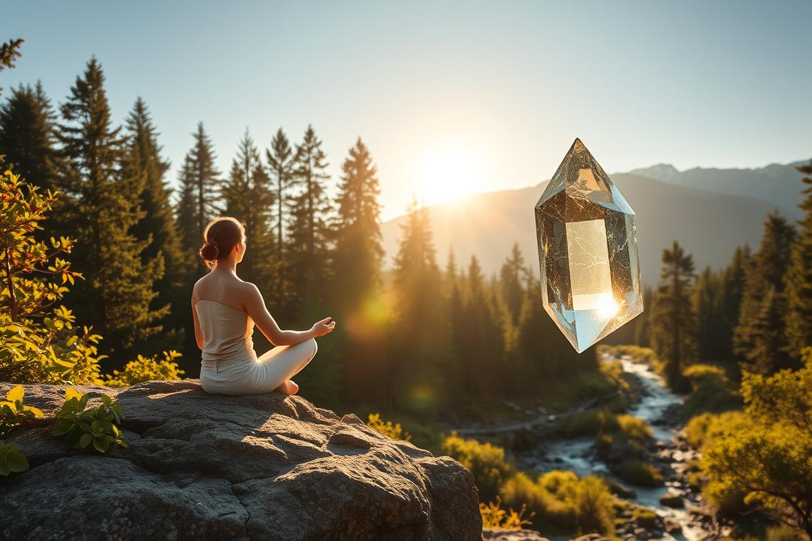 A serene, sun-dappled scene of a person meditating on a rocky outcrop, surrounded by lush, verdant foliage. In the foreground, a vibrant, translucent crystal Heilstein hovers effortlessly, its facets refracting the warm, golden light. The middle ground features a tranquil forest, with towering evergreens and a gentle stream winding through. The background showcases a majestic mountain range, their peaks capped with snow, conveying a sense of timeless, natural beauty. The overall atmosphere is one of introspection, connection, and the integration of the Heilstein's spiritual message into the individual's life, as represented by the meditative pose and the seamless integration of the Heilstein with the natural surroundings.