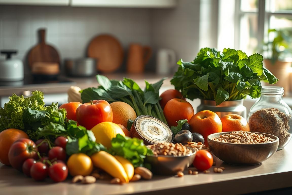 A serene, sunlit kitchen counter with an array of vibrant, nutrient-rich foods - fresh fruits, leafy greens, nuts, and whole grains. The scene exudes a sense of balance and wellness, inviting the viewer to consider how these natural ingredients can elevate one's mood and serotonin levels. Soft, diffused lighting illuminates the scene, creating a warm, inviting atmosphere. The composition is well-balanced, with the various food items thoughtfully arranged to draw the eye to the center. The overall tone is one of nourishment, contentment, and the power of simple, wholesome foods to improve mental well-being.