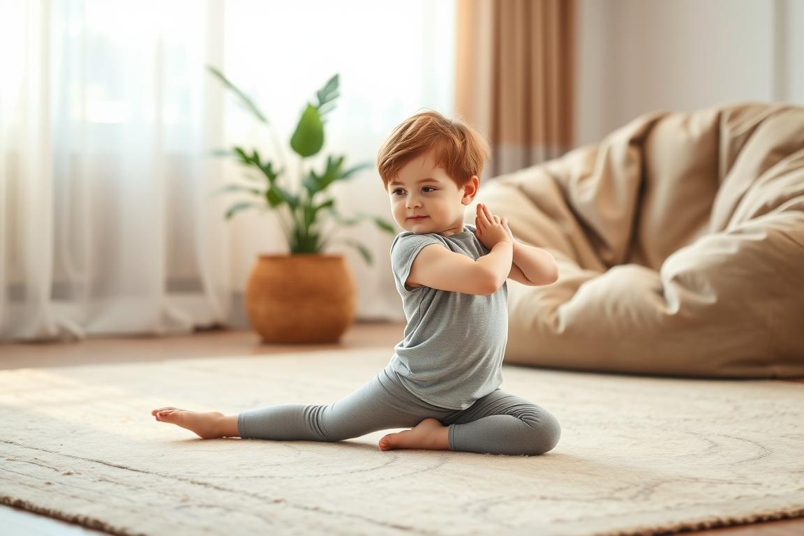 A serene, tranquil scene of a young child practicing gentle yoga poses on a cozy living room rug. Soft, diffused lighting filters through sheer curtains, casting a warm, soothing glow. The child's expression is one of focused calm, their movements fluid and mindful. In the background, a potted plant and a plush, oversized beanbag chair create a sense of comfort and relaxation. The color palette is muted, with earthy tones and natural textures predominating, conveying a sense of balance and inner peace. The overall atmosphere evokes a safe, nurturing space for the child to find relief from stomach discomfort through movement and mindfulness.