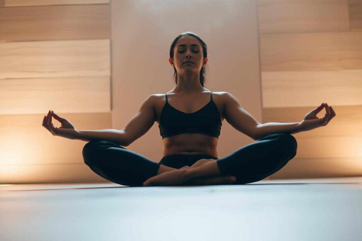 A serene yogi sits in Lotus position, their eyes closed in deep contemplation. Soft, indirect lighting illuminates their face, creating a peaceful atmosphere. The background is a simple, minimalist space, with natural textures like smooth stone or wood paneling. The yogi's pose and expression convey a sense of inner calm and spiritual connection. The camera angle is slightly elevated, giving a sense of reverence and respect for the yogi's practice. The overall scene evokes a sense of tranquility and introspection, reflecting the transformative nature of Sadhana Yoga. A serene yogi sits in Lotus position, their eyes closed in deep contemplation. Soft, indirect lighting illuminates their face, creating a peaceful atmosphere. The background is a simple, minimalist space, with natural textures like smooth stone or wood paneling. The yogi's pose and expression convey a sense of inner calm and spiritual connection. The camera angle is slightly elevated, giving a sense of reverence and respect for the yogi's practice. The overall scene evokes a sense of tranquility and introspection, reflecting the transformative nature of Sadhana Yoga.