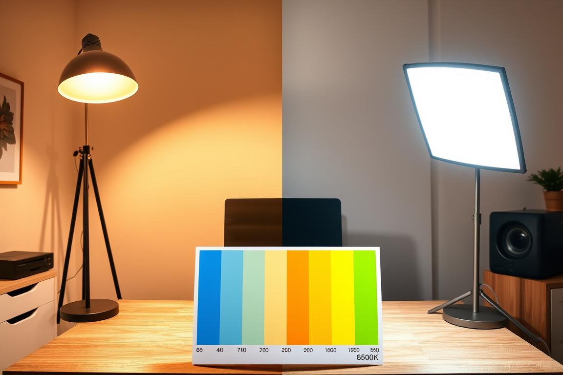 A side-by-side comparison of two light sources: on the left, a tageslichtlampe casting warm, bright daylight spectrum illumination with a soft glow, emphasizing its vibrant color temperature of around 6500K, showcasing rich blues and whites; on the right, a standard LED light casting a cooler, stark light with a lower color temperature, demonstrating its harsher shades of yellow and green. The setting is a minimalistic home office, with a wooden desk under the lights. In the foreground, a color spectrum chart illustrates the differences in color balance and intensity of each light source. The atmosphere feels calm, inviting, and educational, with soft shadows enhancing the details of the lighting effects. Use a wide-angle lens to capture the full ambiance of the environment.