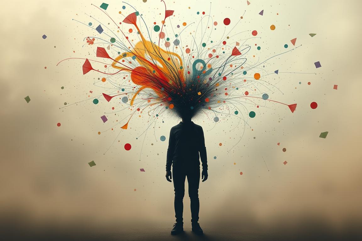 A solitary figure stands amidst a swirling vortex of emotions, their face obscured by a cascade of colorful, abstracted shapes and lines. The background is a hazy, dreamlike expanse of muted tones, suggesting a sense of introspection and inner turmoil. Soft, diffused lighting casts a gentle glow, lending an air of vulnerability and fragility to the scene. The composition draws the viewer inward, inviting them to empathize with the emotional challenges that linger within the frame. The image conveys a profound sense of the complex, often overwhelming feelings that can arise during the process of decluttering and letting go.