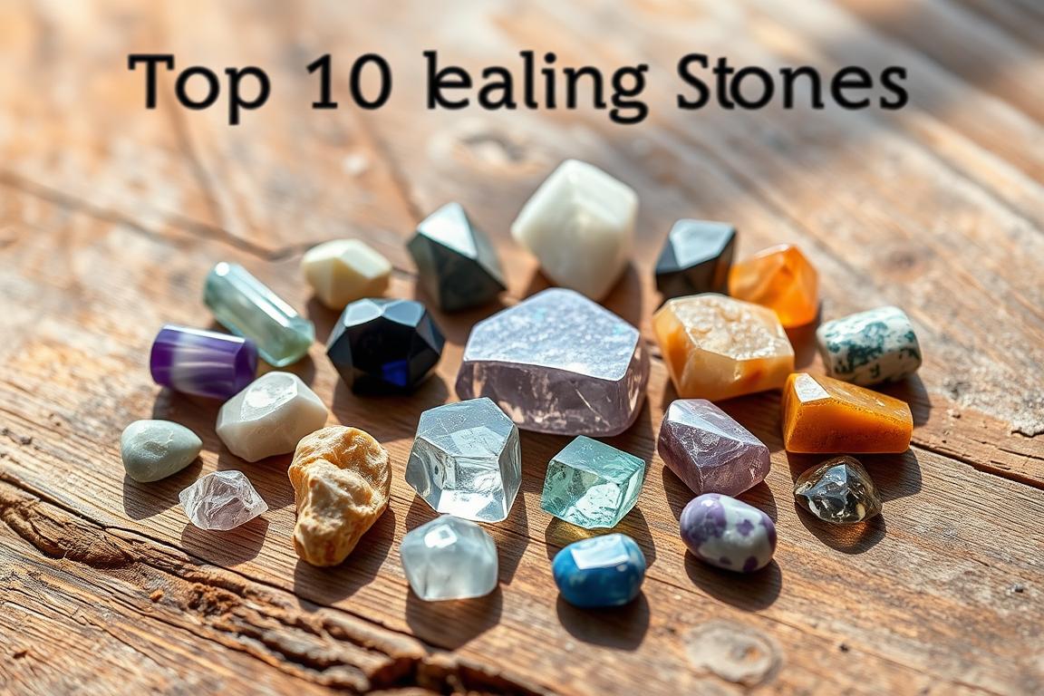 A still life arrangement showcasing the Top 10 healing stones on a rustic wooden surface. The stones are meticulously arranged in a visually pleasing pattern, each one glowing with an inner luminescence. The lighting is soft and natural, casting gentle shadows that accentuate the unique textures and colors of the crystals. The background is blurred, creating a sense of focus and depth, drawing the viewer's attention to the central display. The overall mood is one of tranquility and contemplation, inviting the viewer to appreciate the inherent beauty and metaphysical properties of these powerful natural gemstones.