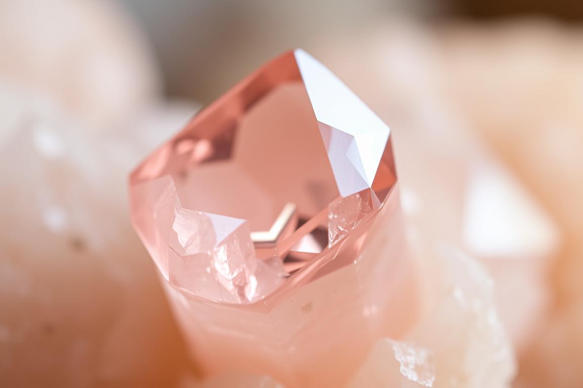 A stunning close-up of a morganite crystal, its soft pink hues glistening under warm, diffused lighting. The gemstone's intricate, layered structure is showcased in sharp detail, with delicate facets and a smooth, flawless surface. The crystal is positioned centrally, filling the frame and drawing the viewer's eye to its captivating natural beauty. The background is subtly blurred, creating a sense of depth and focus on the gemstone's alluring presence. This image conveys the serene, calming essence of morganite, reflecting its role as a "gentle healing stone" for emotional balance. A stunning close-up of a morganite crystal, its soft pink hues glistening under warm, diffused lighting. The gemstone's intricate, layered structure is showcased in sharp detail, with delicate facets and a smooth, flawless surface. The crystal is positioned centrally, filling the frame and drawing the viewer's eye to its captivating natural beauty. The background is subtly blurred, creating a sense of depth and focus on the gemstone's alluring presence. This image conveys the serene, calming essence of morganite, reflecting its role as a "gentle healing stone" for emotional balance.