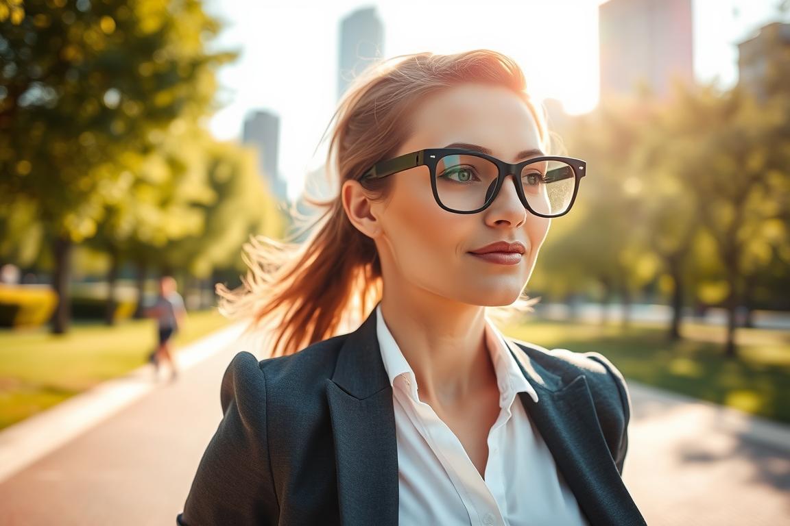 A stylish Luminette 3 daylight glasses showcased prominently in the foreground, worn by a professional woman dressed in smart casual attire, engaging in a light outdoor activity like walking or stretching. The glasses are designed with a sleek, modern aesthetic and emit a soft, warm light that gently illuminates her face. In the middle ground, a park scene reflects a bright, sunny day with green trees and a tranquil pathway, creating a sense of movement and vitality. The background features a blurred, tranquil urban skyline, enhancing the feeling of an active lifestyle. The overall atmosphere is invigorating and uplifting, emphasizing the use of the Luminette 3 while remaining dynamic and energetic. Natural lighting captures the essence of daylight, enhancing the clarity and appeal of the glasses.