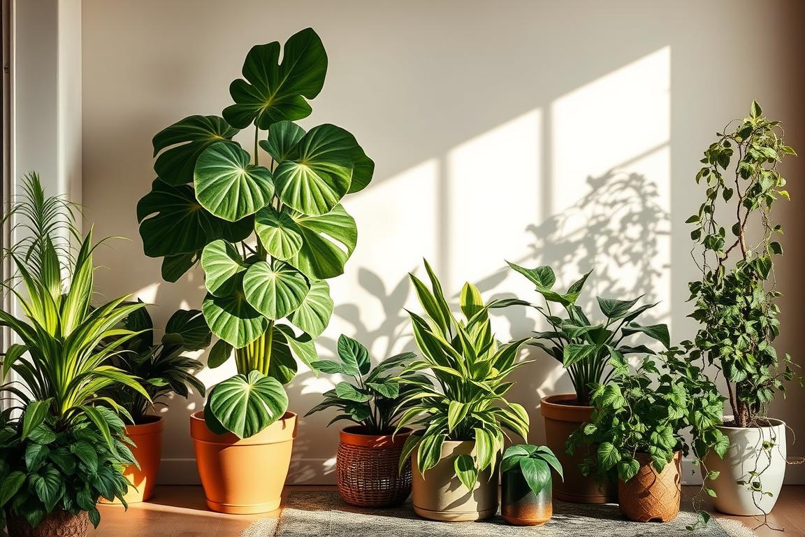 A stylish and inviting indoor garden scene, showcasing a variety of lush, thriving houseplants in different sizes and varieties, arranged thoughtfully to enhance the ambiance of a cozy, well-lit living space. The plants are set against a minimalist, natural-toned backdrop, with soft, directional lighting that casts warm, gentle shadows, creating a serene and rejuvenating atmosphere. The composition features a harmonious balance of foliage textures and shapes, from the bold, broad leaves of a floor-standing fiddle-leaf fig to the delicate, trailing vines of a potted ivy. The image conveys a sense of tranquility and vitality, inspiring the viewer to consider the transformative power of strategically placed indoor plants.
