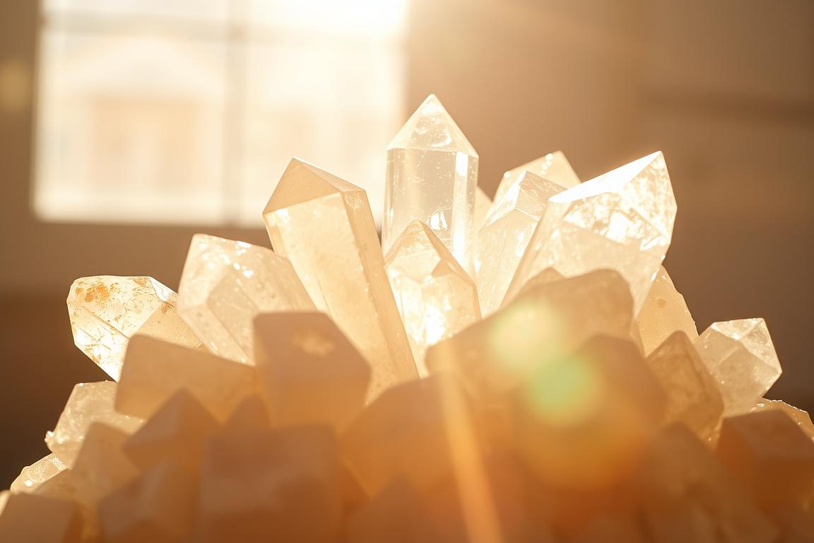 A sunlit closeup of a natural crystal cluster, capturing the intense direct sunlight streaming through a window and illuminating the intricate facets and translucent planes of the healing stones. The warm, golden rays cast a soft, ethereal glow over the arrangement, highlighting the stones' natural beauty and energy. The scene is framed by a minimalist, neutral-toned background, allowing the stones to take center stage and convey a sense of calm, restorative tranquility.